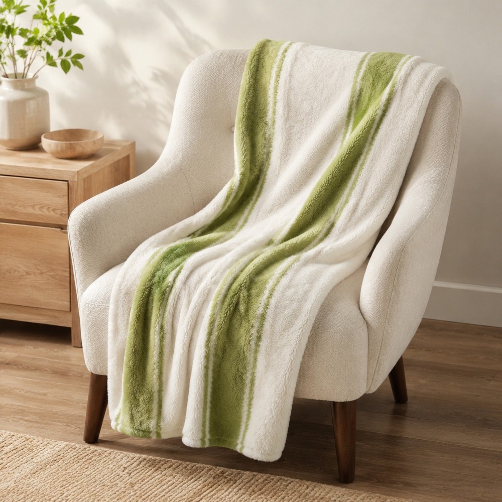 Ivory Green Striped Microplush Throw Blanket 50x60 Cottagcore Everyday Living